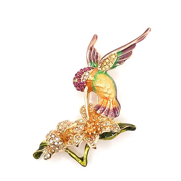 Signed Napier Hummingbird Enamel Rhinestone Brooch w/ Box - Picture 1 of 14